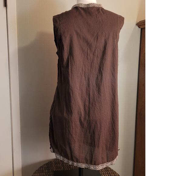 Vintage 90s Embroidered Sleeveless Dress Sz Large Aztec Festival Chocolate Brown - Picture 5 of 10